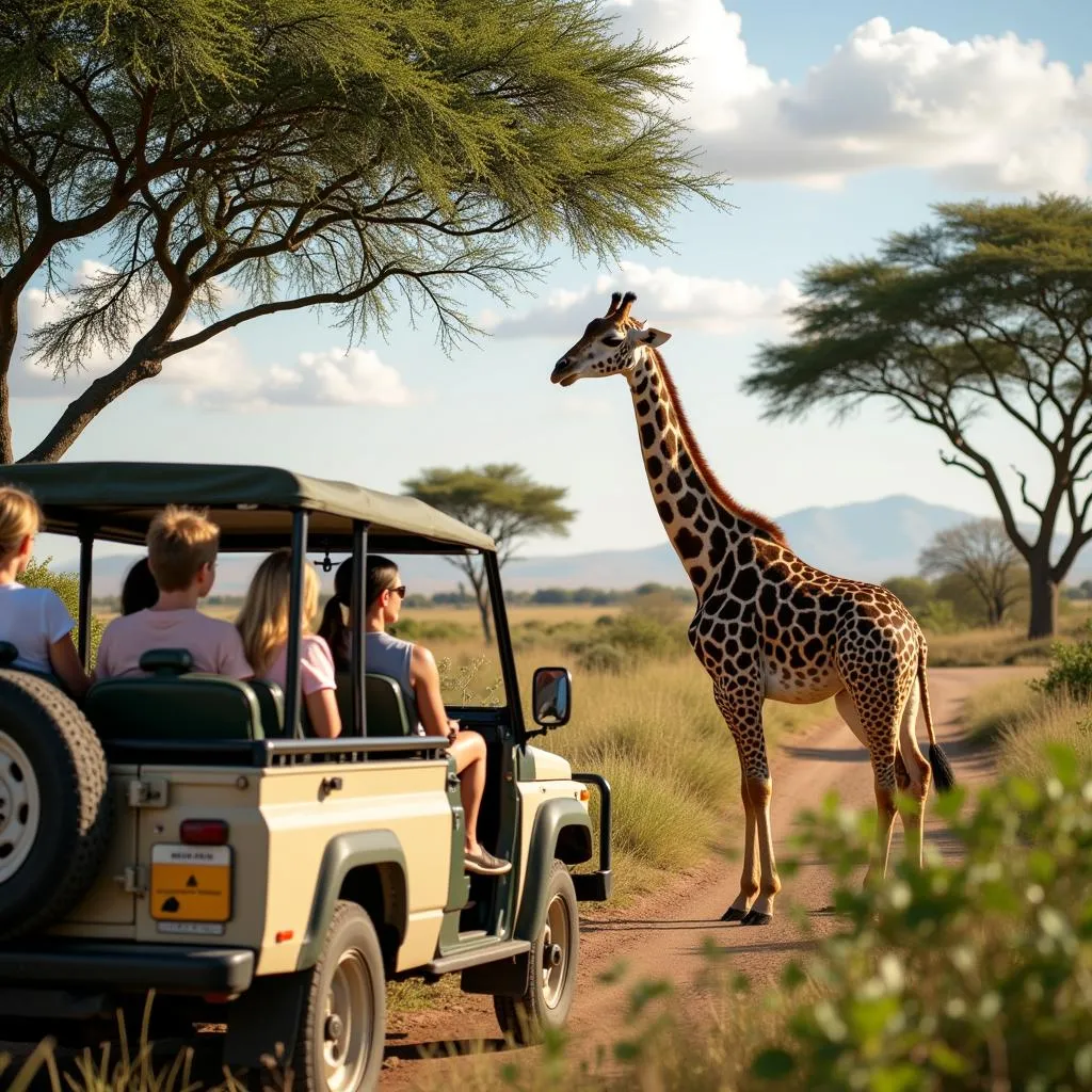 African safari adventure - Tourists on a jeep safari, marveling at a giraffe in the savanna.