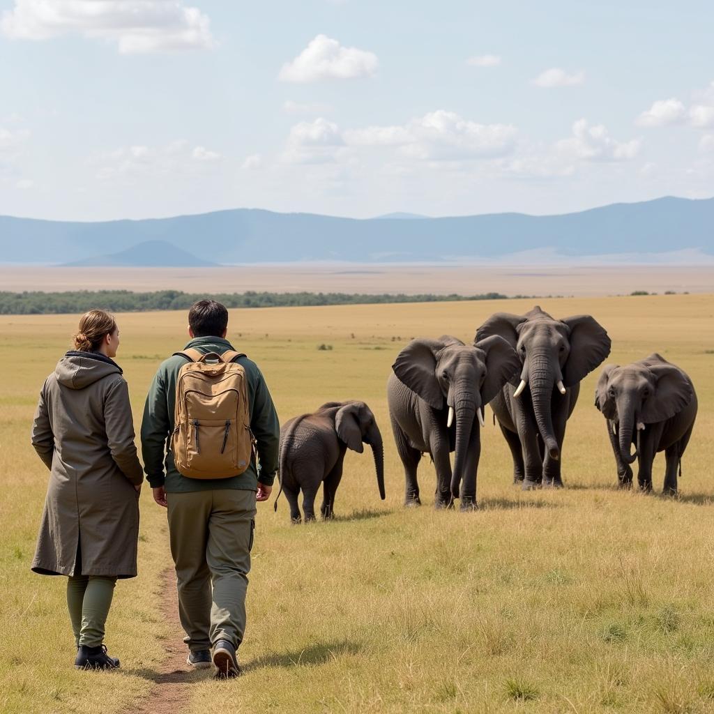 A group of researchers track a herd of elephants across the savanna, using binoculars and taking notes. They are collecting data to monitor the elephants' movements and health.