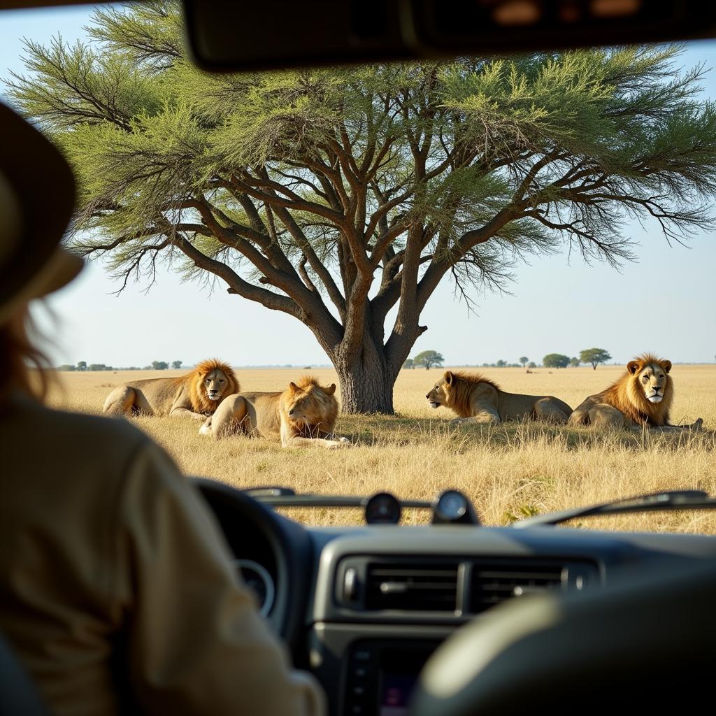 African safari game drive with lions