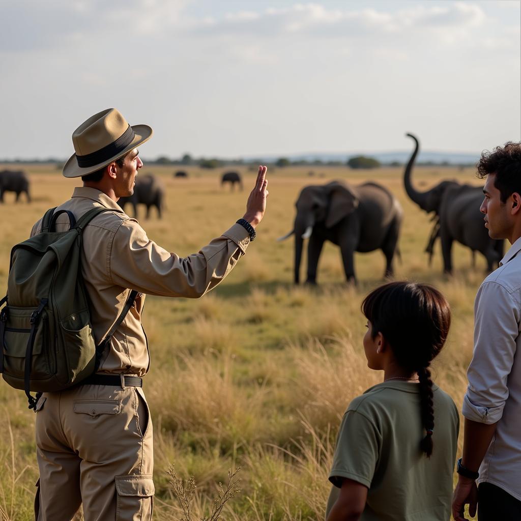 African safari guide pointing to animals in the distance