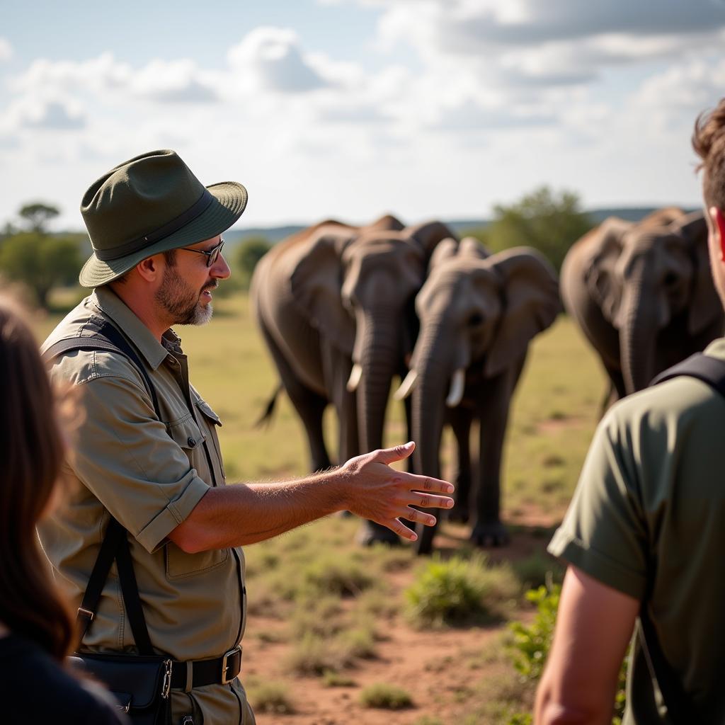 African Safari Guide Explaining Wildlife to Tourists 