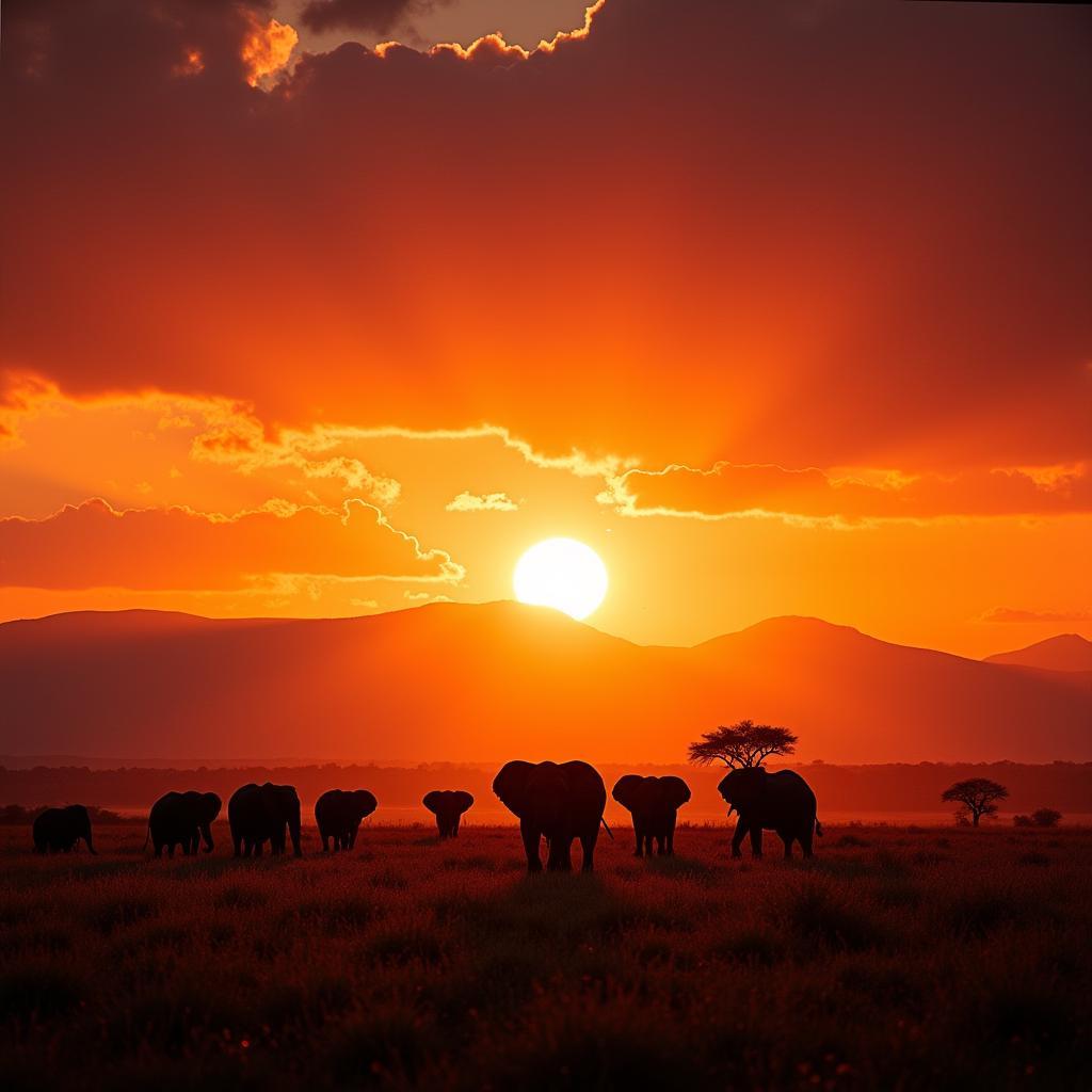 Sunset over the African savanna with a herd of elephants