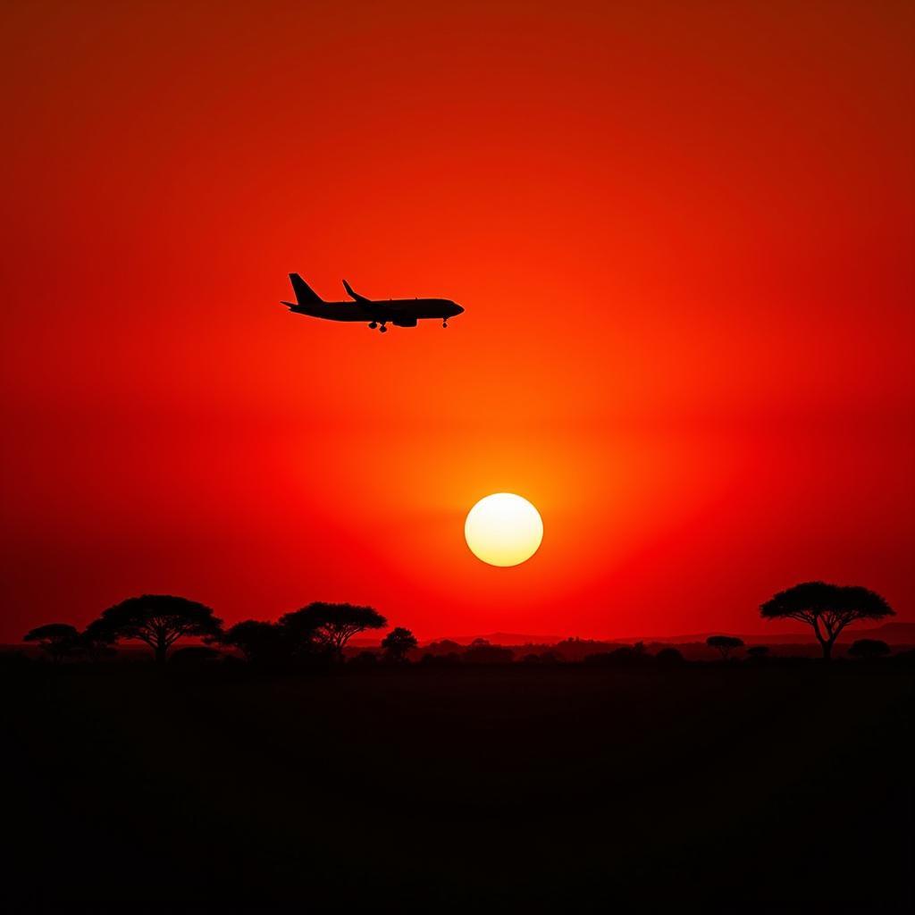 Silhouette of an airplane against an African safari sunset