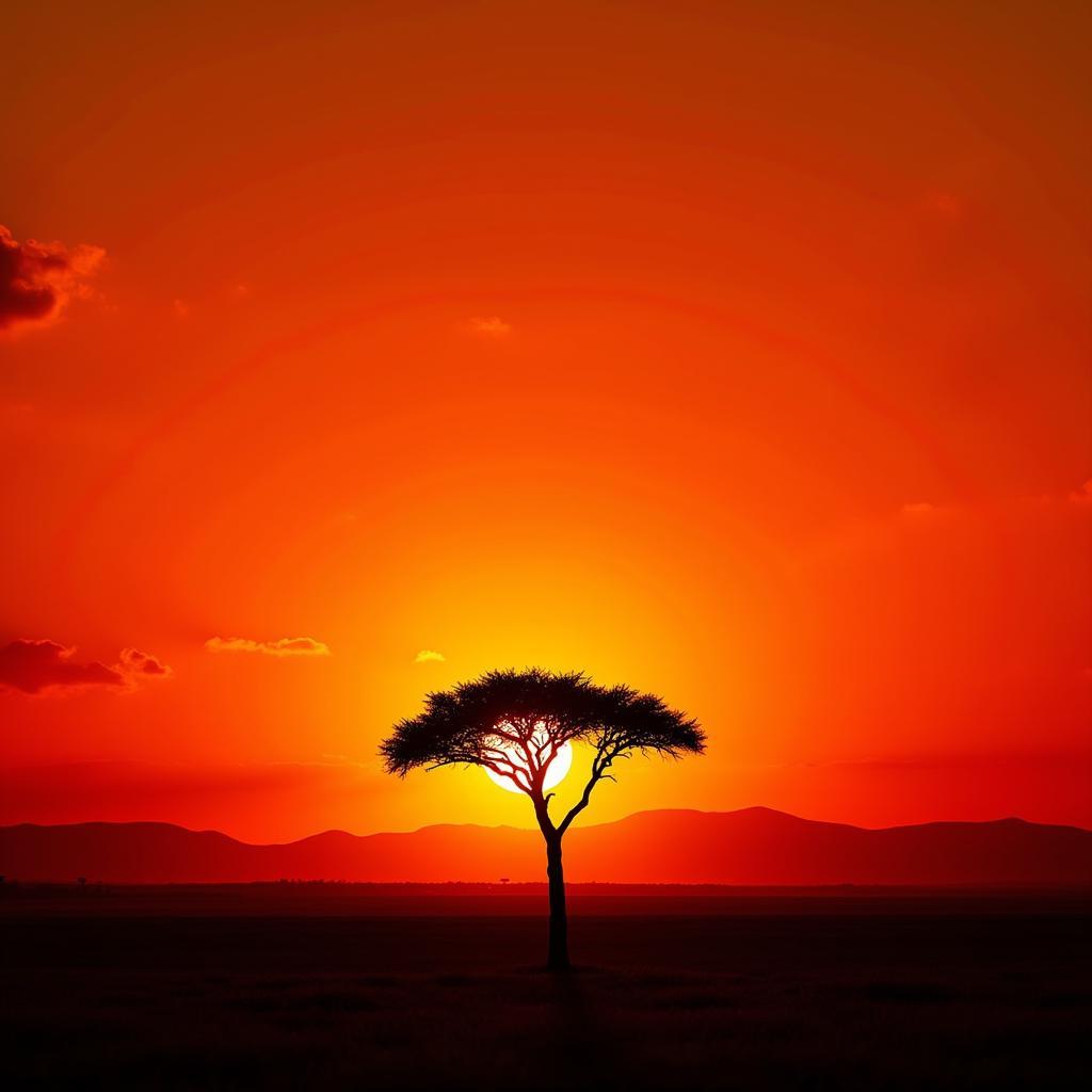 Silhouette of an acacia tree against a vibrant African sunset