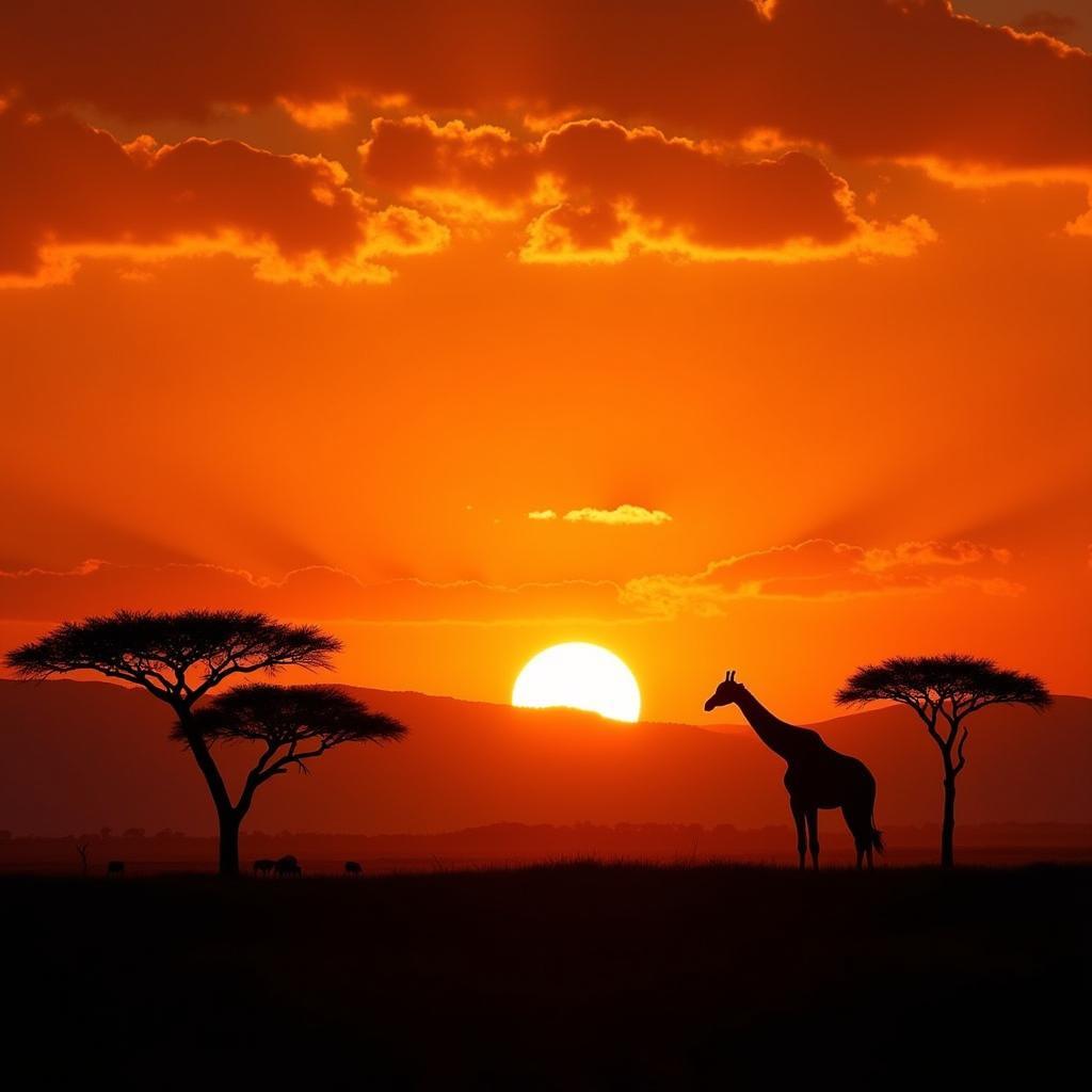 African Safari Sunset with Wildlife on Savannah