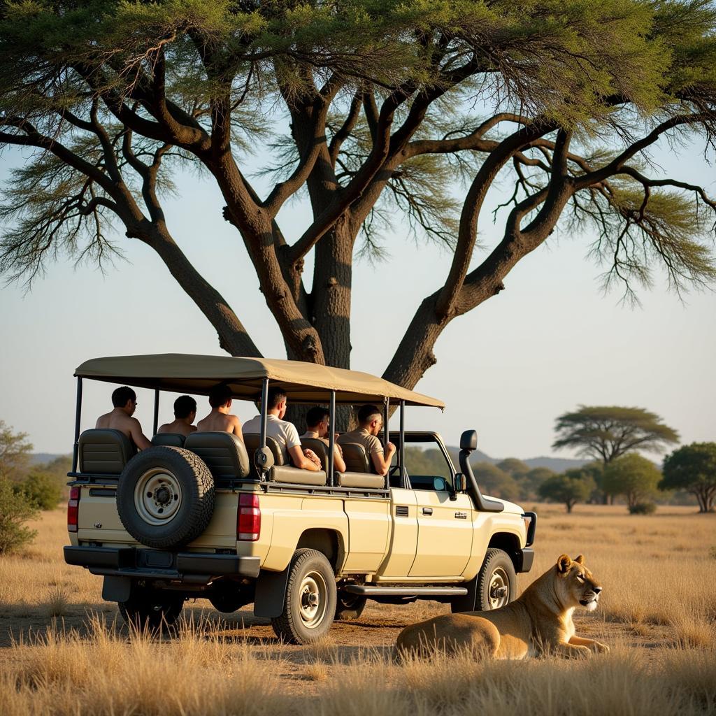 Safari Vehicle Observing Lions in the Wild