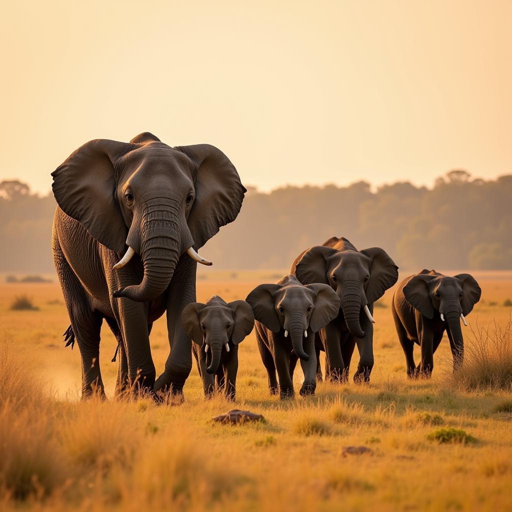 African Savanna Elephant Family Group in the Savanna