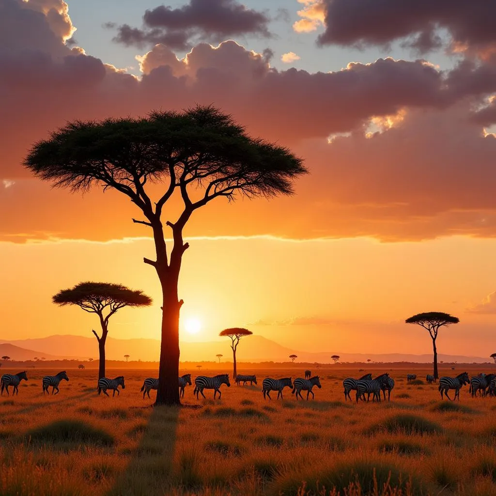 A panoramic view of the African savanna with acacia trees and diverse wildlife.