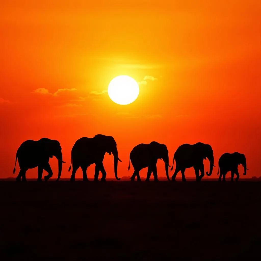 African savanna sunset with an elephant herd