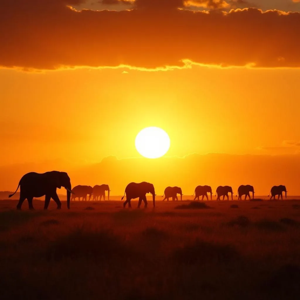 African savanna sunset with elephant silhouettes