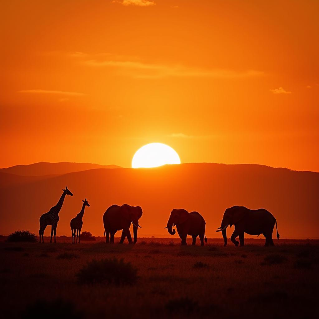 African savanna at sunset with wildlife