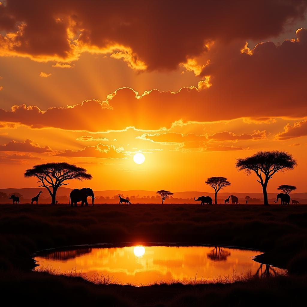 Sunset over the African savanna with silhouettes of animals