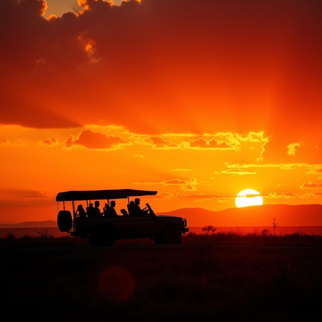 African Savannah Sunset with Safari Jeep