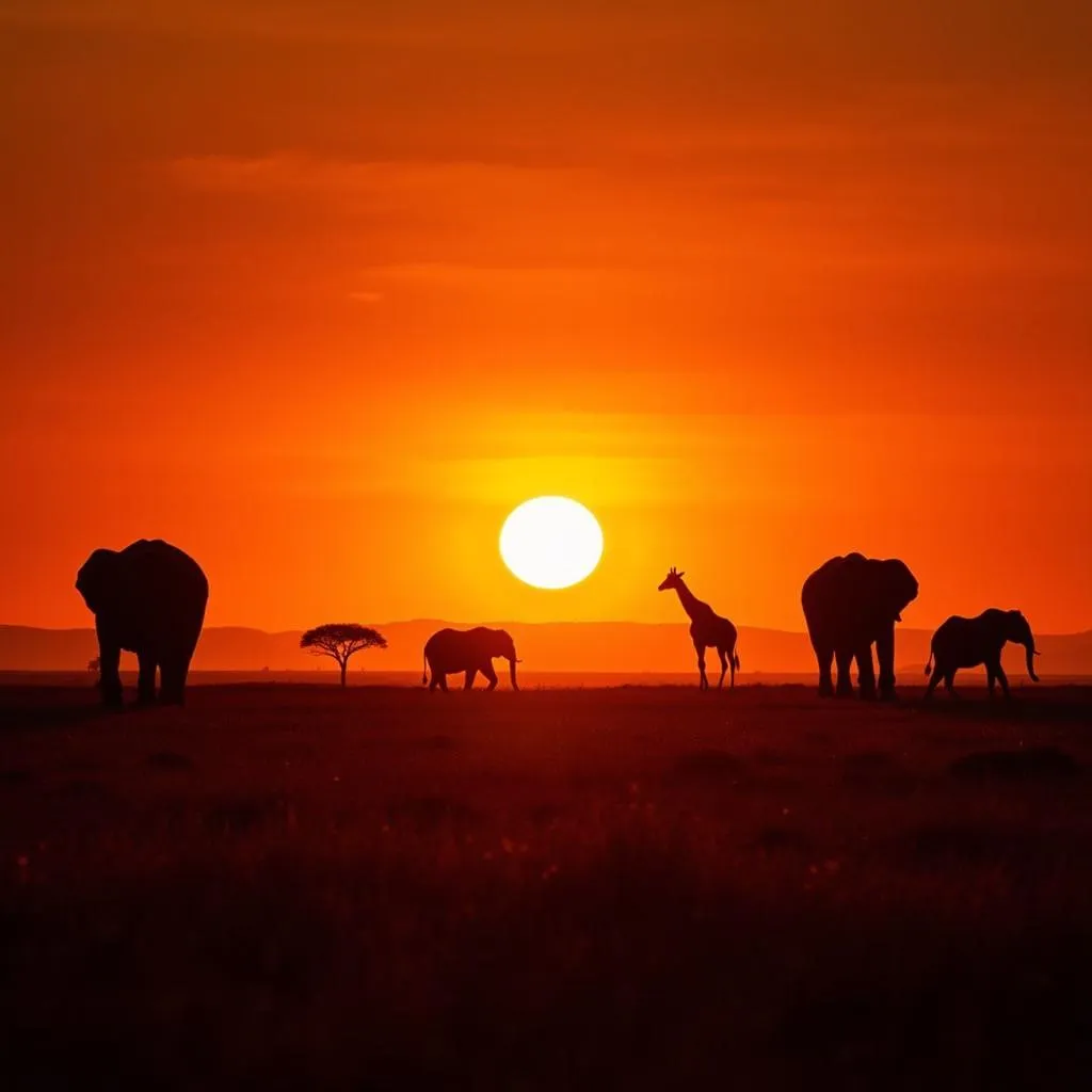 African Savannah Sunset with Wildlife