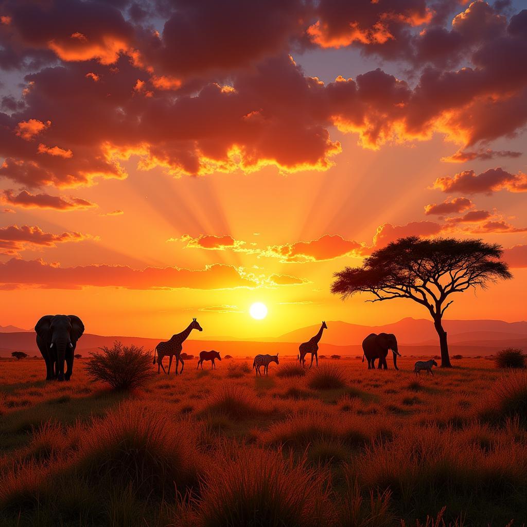 African Savannah Sunset with Wildlife