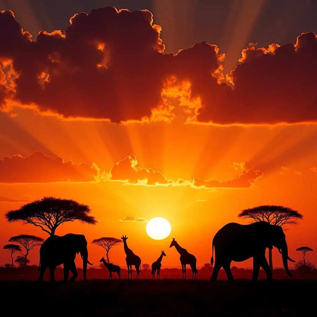 African Savannah Sunset with Wildlife Silhouettes