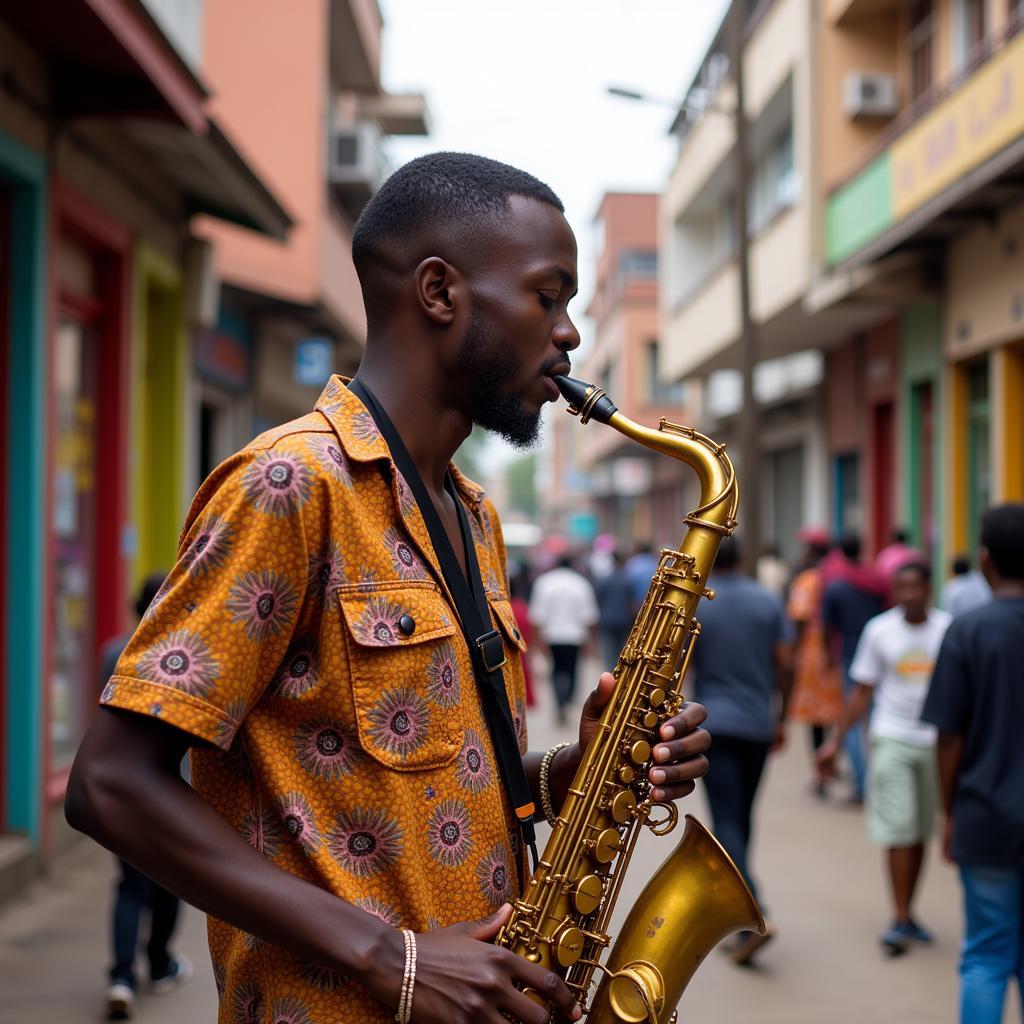 Street performance by an African saxophonist