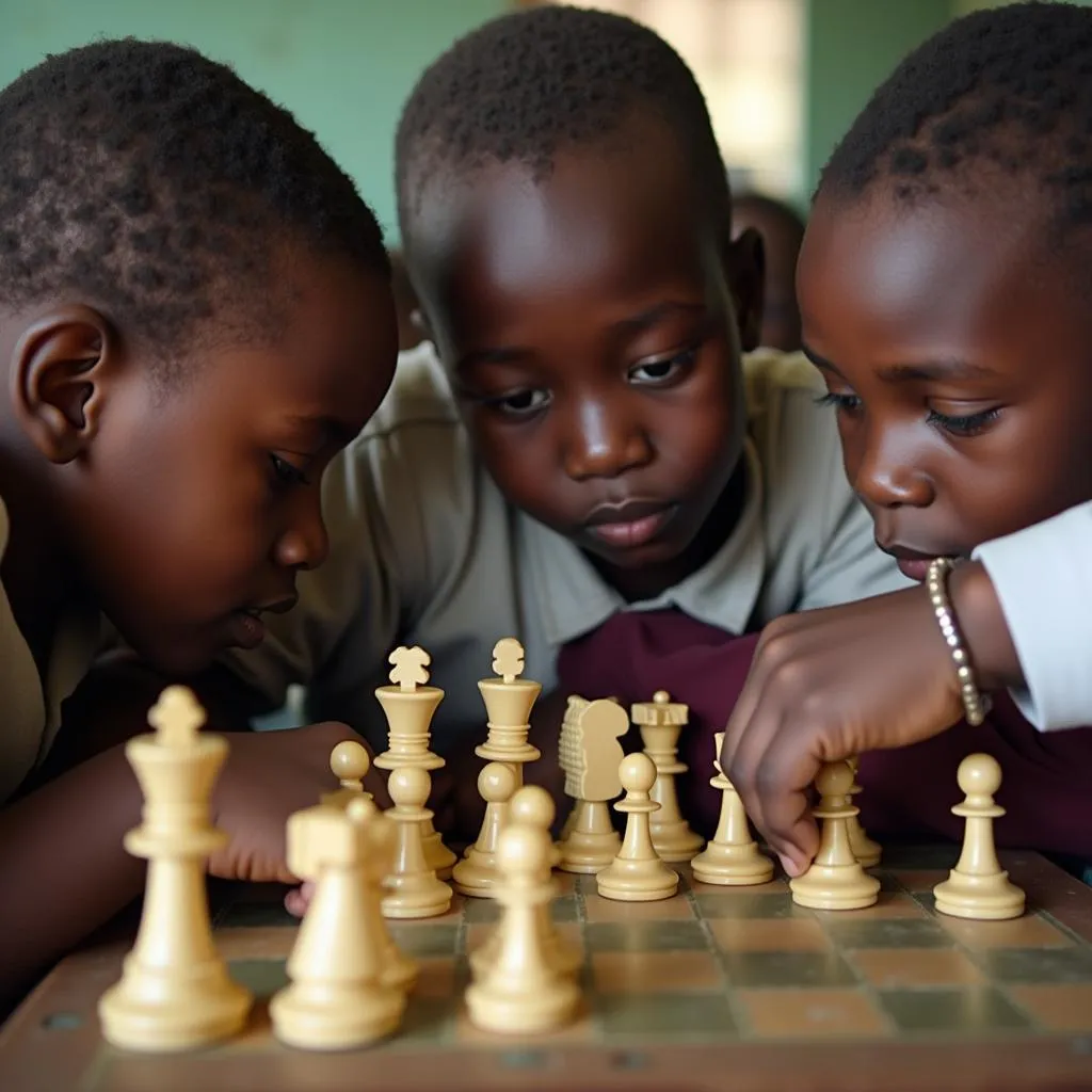 African school children engrossed in a chess game