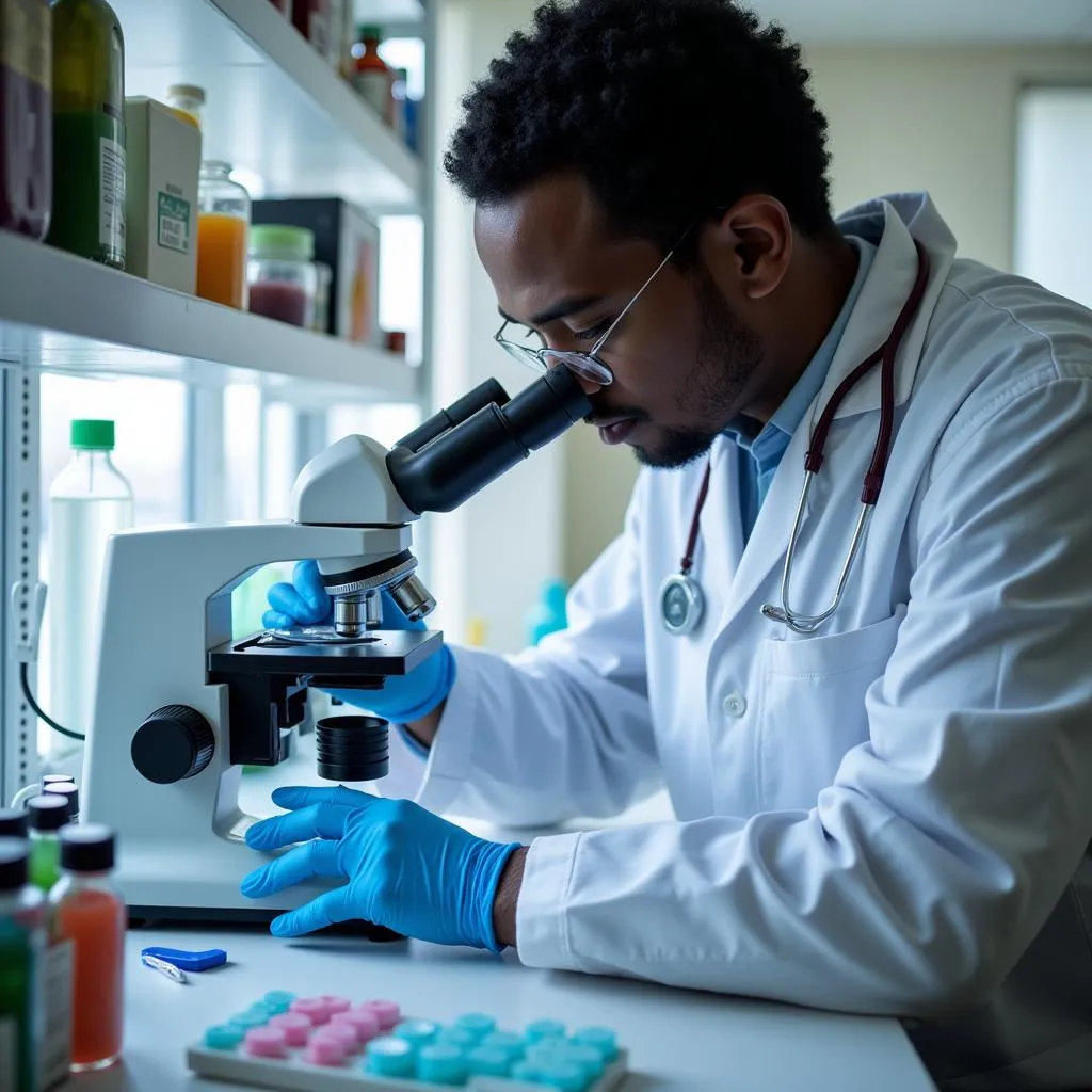 An African scientist meticulously analyzing microbial samples in a laboratory setting