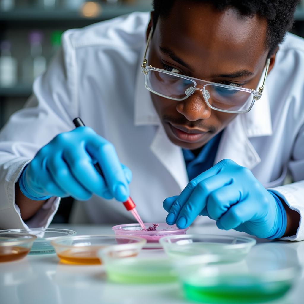 African Scientist Examining Microbial Cultures