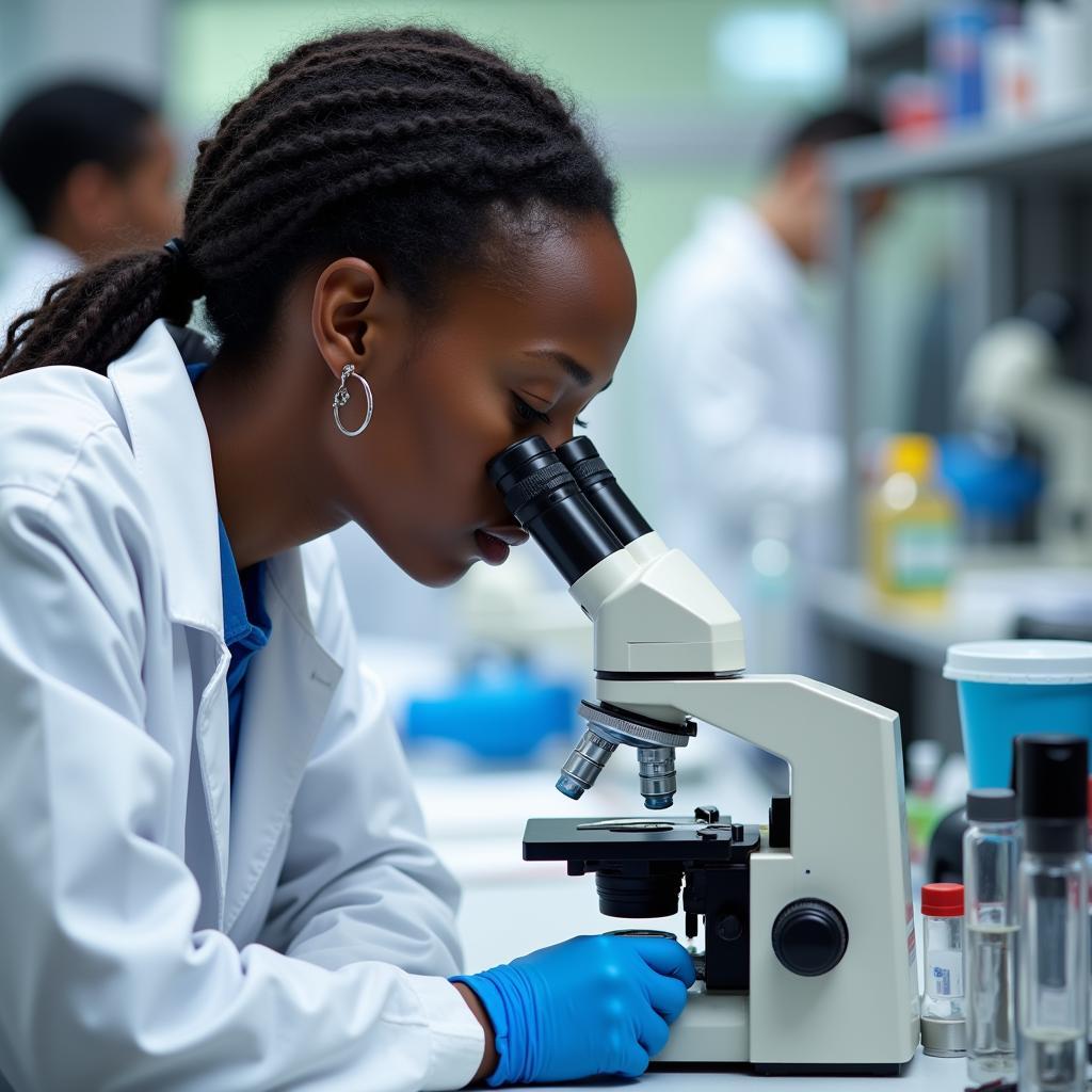 An African scientist analyzing microbiology samples in a laboratory