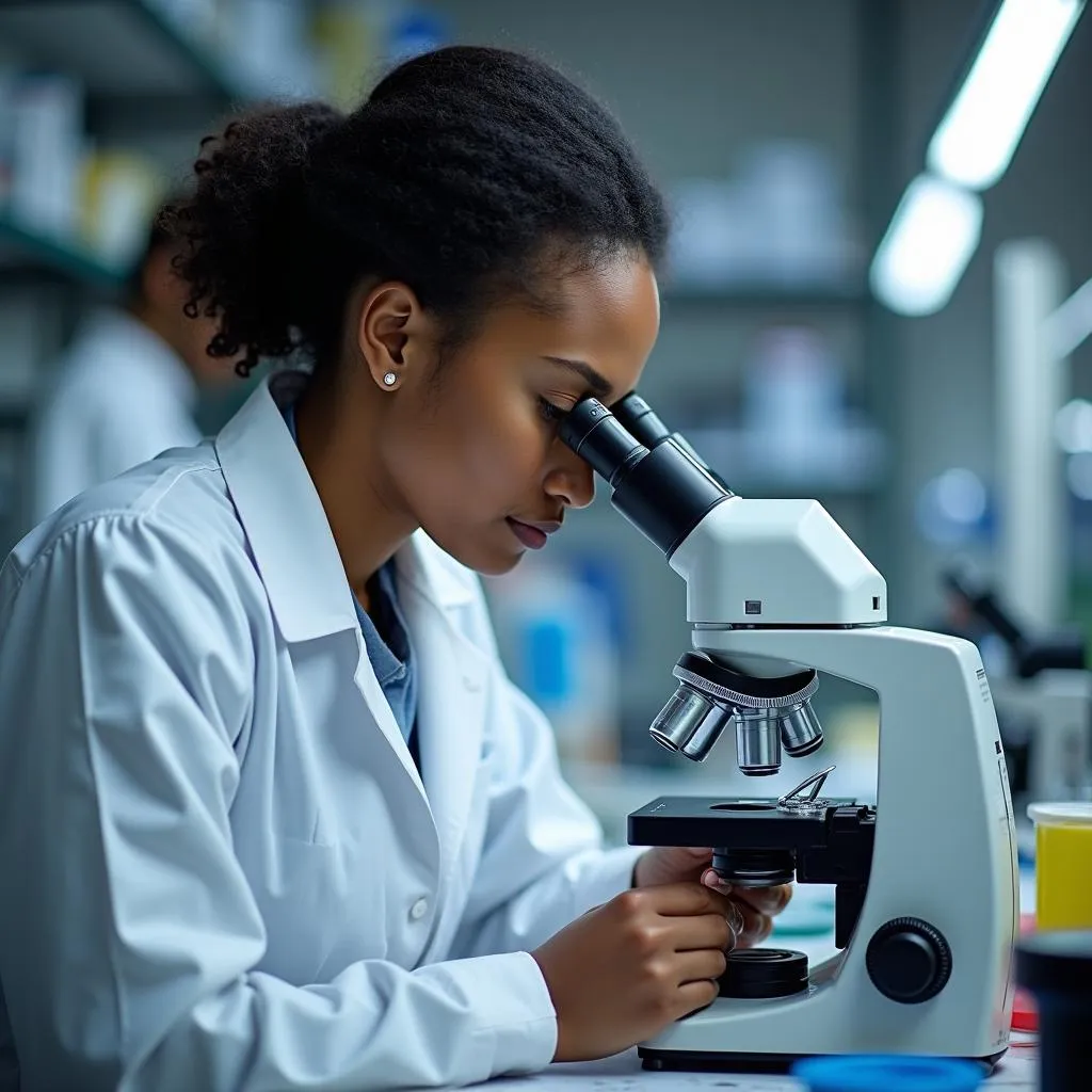 African Scientist Using a Microscope