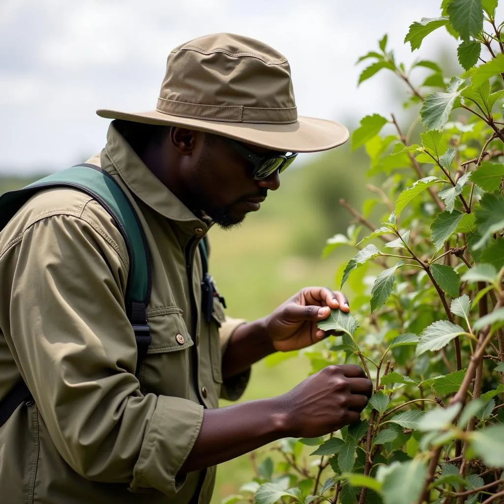 African scientist studying plant predation in the field