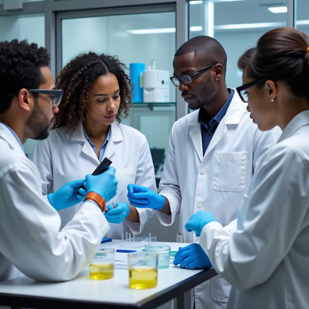 A team of African scientists collaborating on a microbiology research project in a modern laboratory