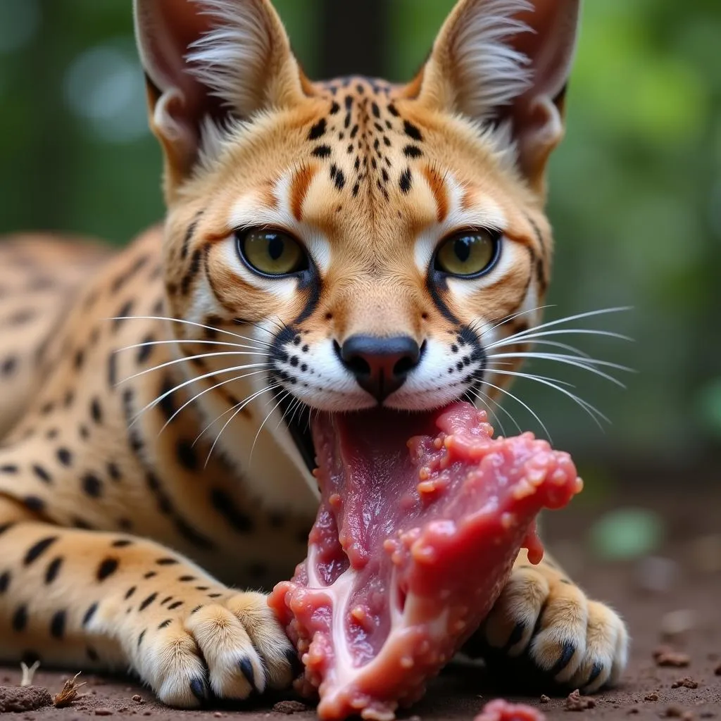 African Serval Eating Meat