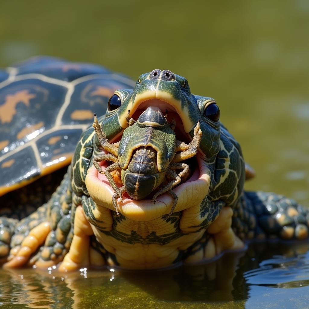 African Sideneck Turtle Enjoying a Cricket