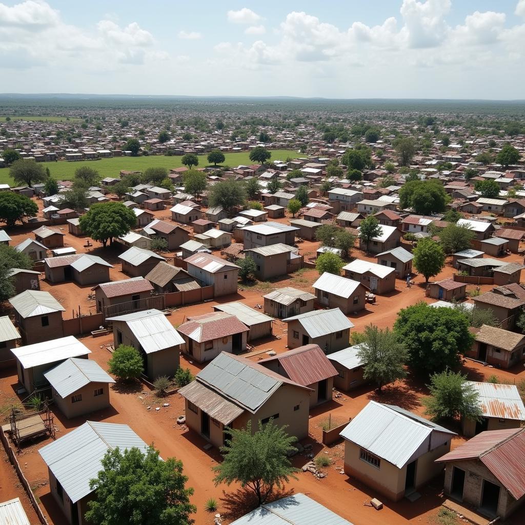 Crowded houses with tin roofs in an African slum