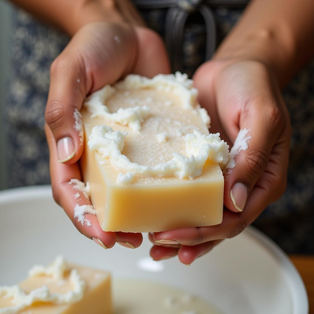 Hands lathering a bar of African black soap, creating a rich, creamy foam