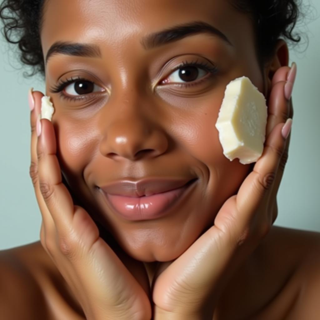 Woman using African black soap on her face as part of her skincare routine