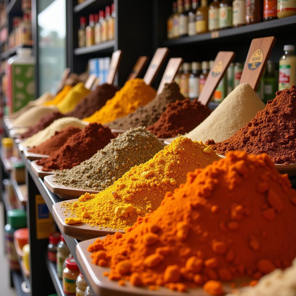 Colorful spices in an African grocery store