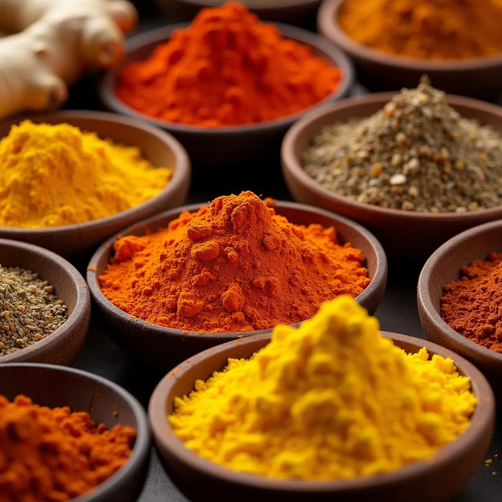 Colorful array of African spices in bowls