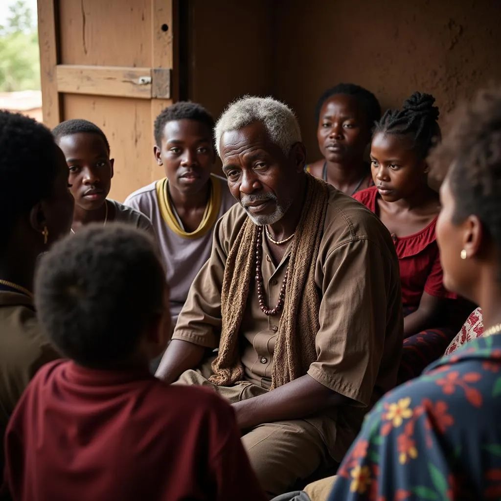 A captivating African storyteller engaging an audience