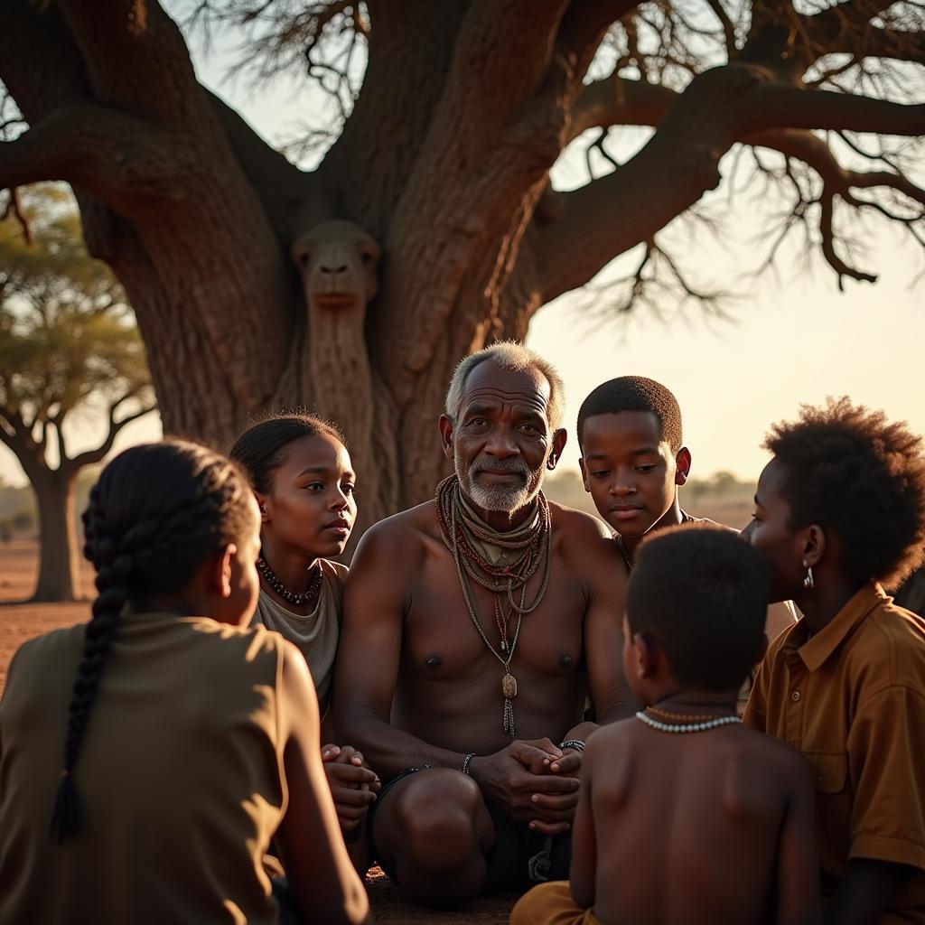 An African storyteller captivating children with folktales