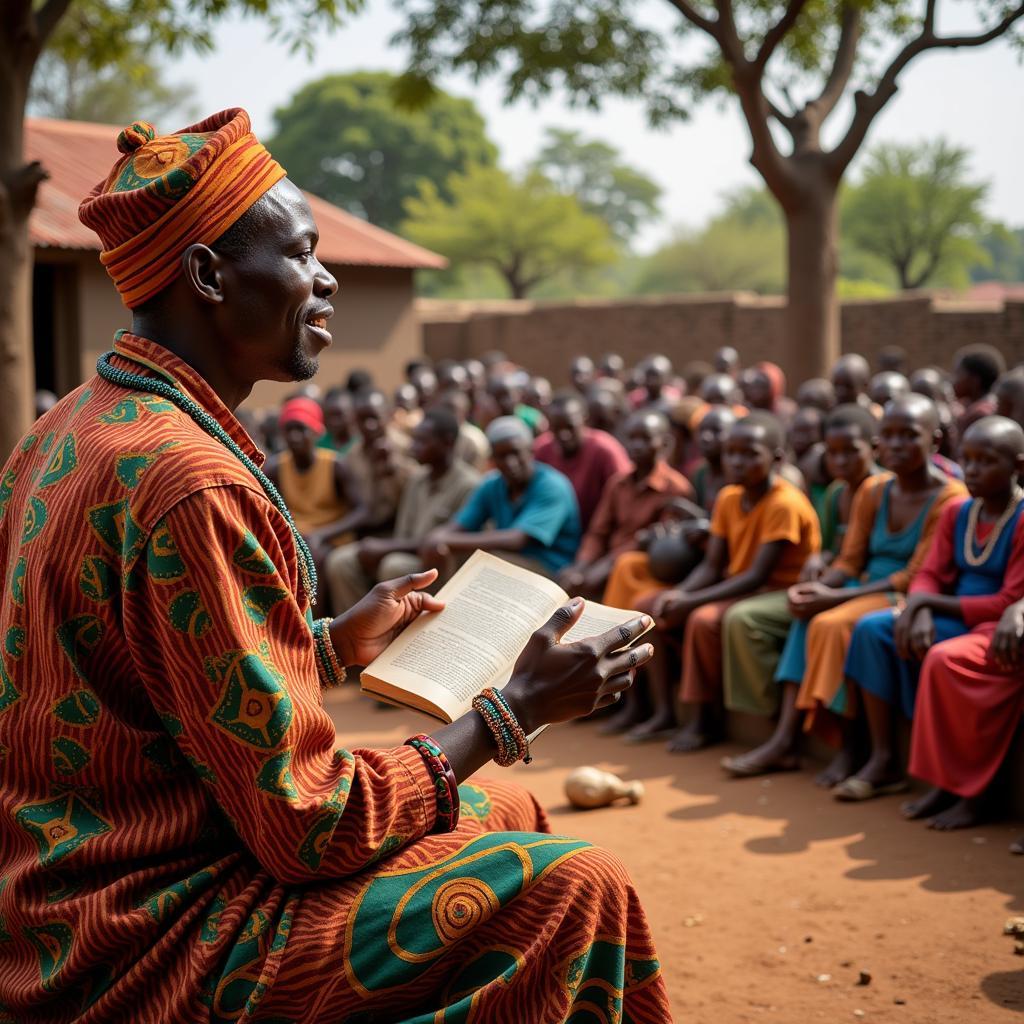 African Storyteller (Griot) at a Village Gathering