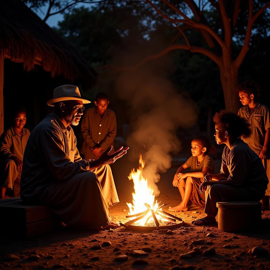 African storyteller sharing tales around a fire