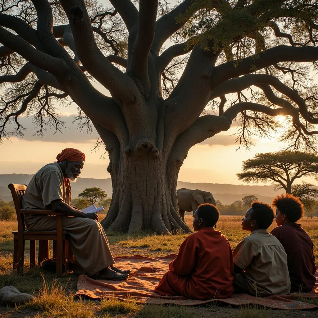 African storyteller sharing tales under a baobab tree