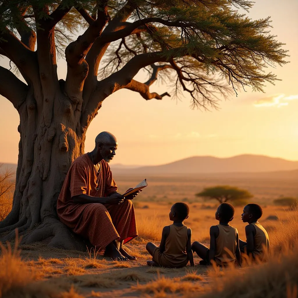 An African storyteller captivating an audience of children