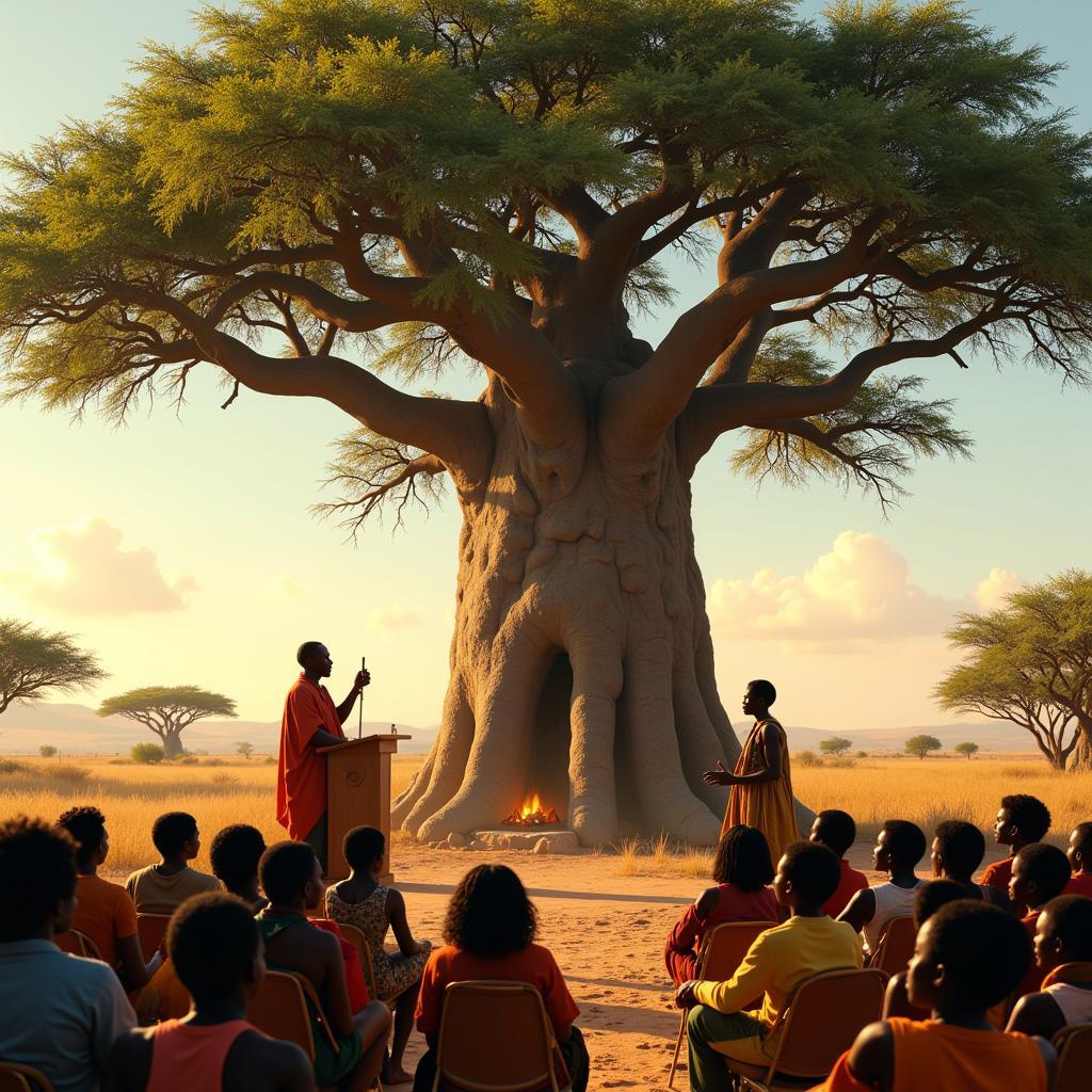 African storyteller captivating audience under baobab tree