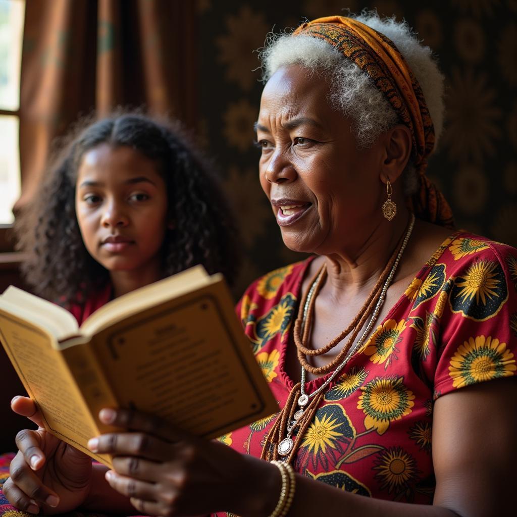 An African storyteller captivating young listeners under a Baobab tree