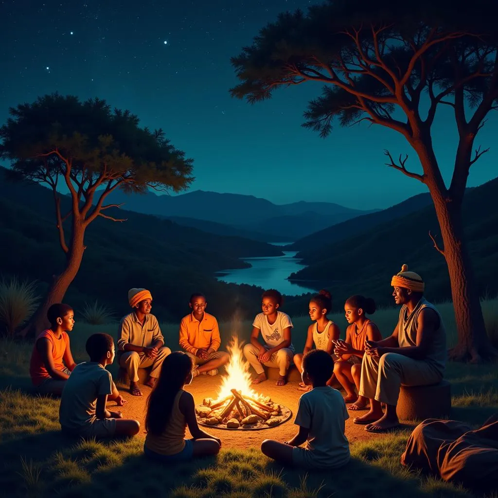 African storytelling around a campfire