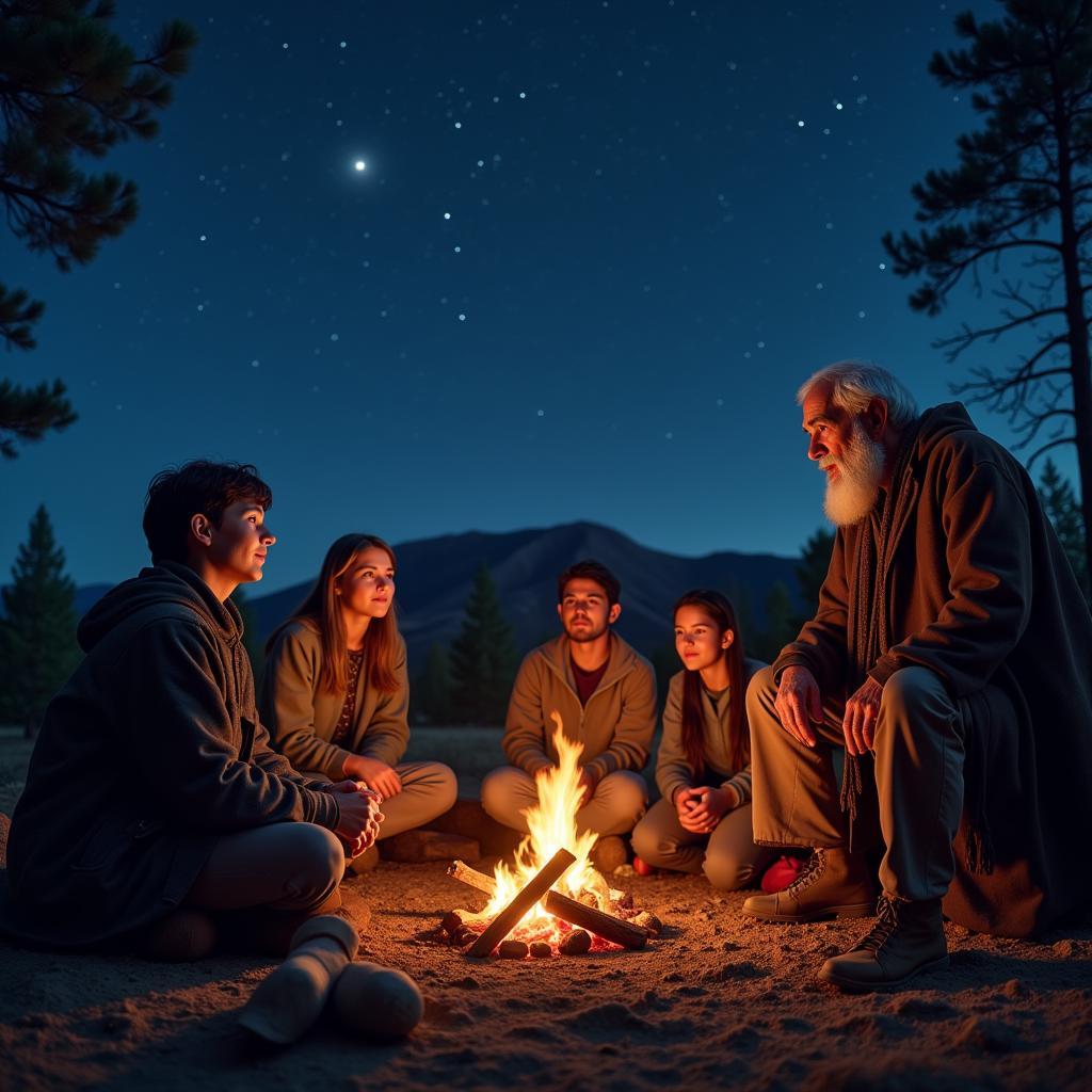 People gathered around a fire listening to a storyteller