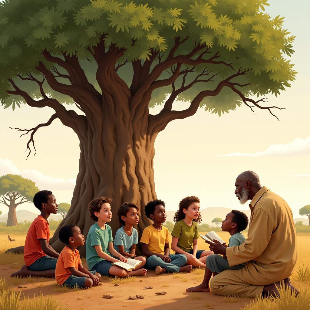 A group of children sitting around an elder under a baobab tree