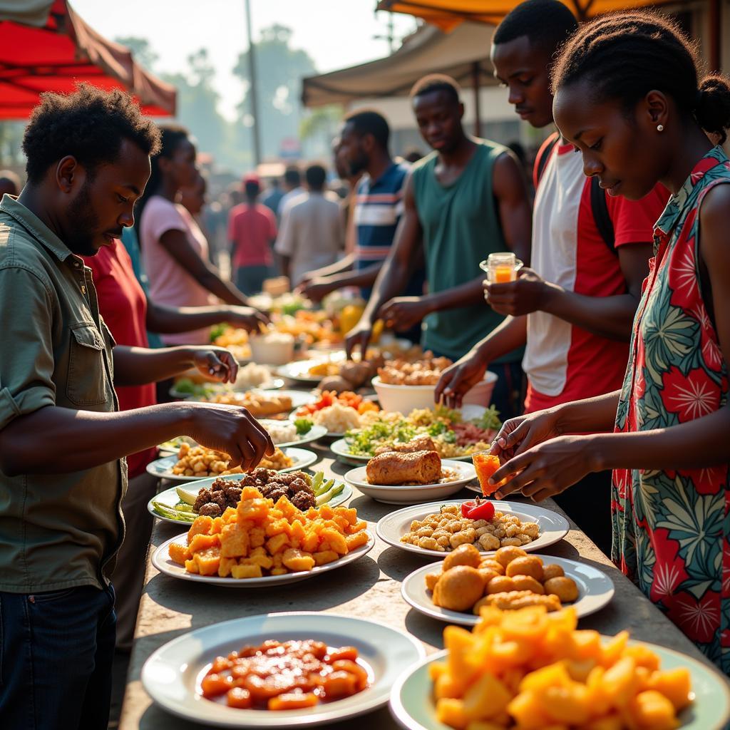 Vibrant street food scene with diverse vendors and customers