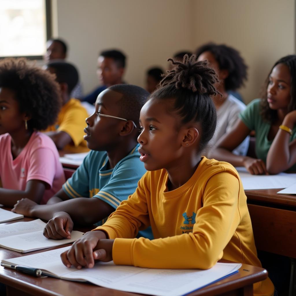 A group of African students listen intently to their teacher