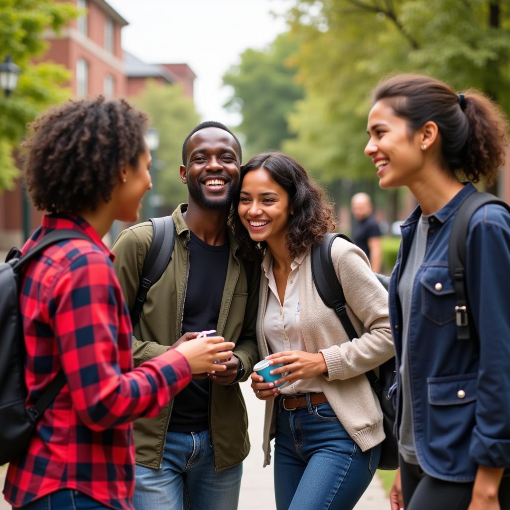 Group of African students socializing with Indian friends on campus