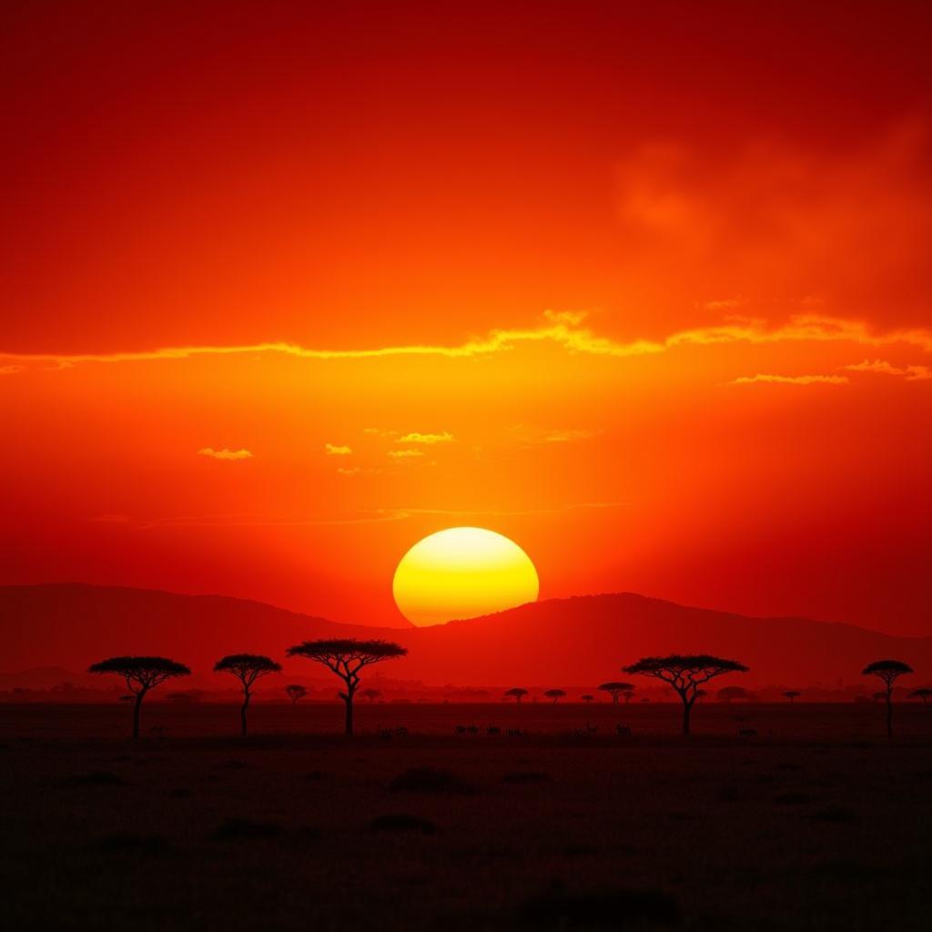 African sunset over savannah landscape